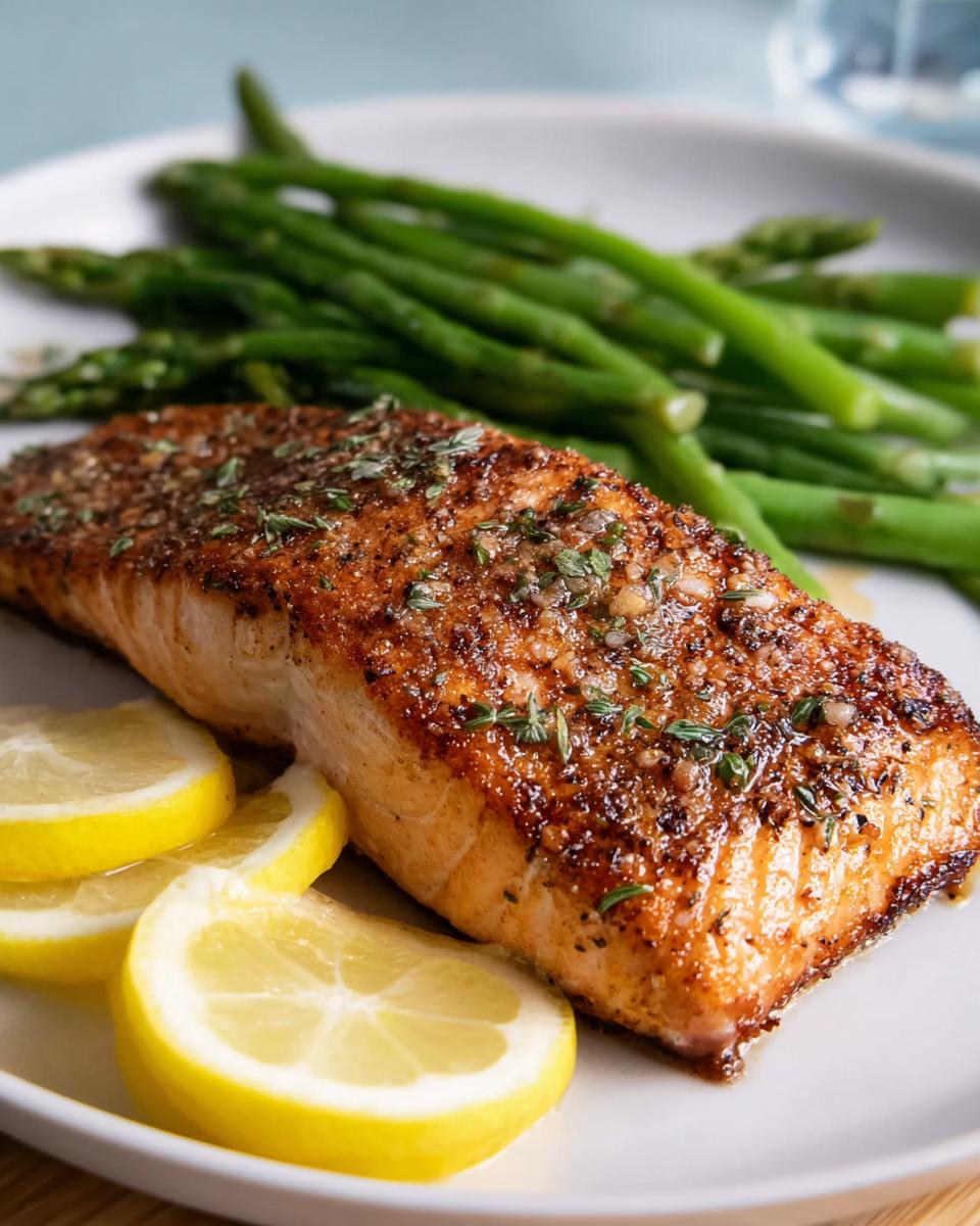 A perfectly cooked pan-seared salmon fillet served with asparagus and lemon slices. This is one of the best salmon recipes.