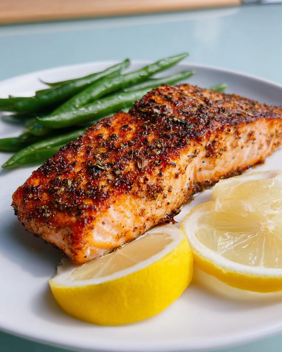 A perfectly cooked salmon fillet with a seasoned crust, served with steamed green beans and lemon slices.