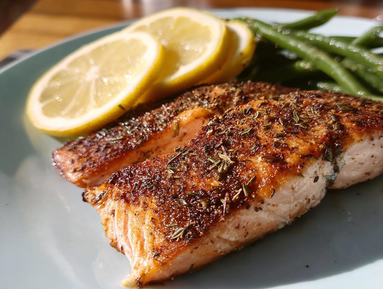 Close-up of two perfectly cooked salmon fillets seasoned with herbs, served with lemon slices and green beans.