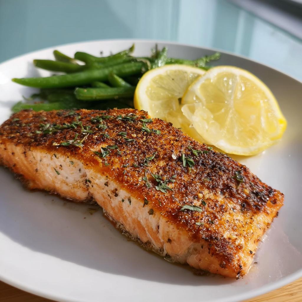 A perfectly cooked pan-seared salmon fillet with crispy skin, served with green beans and lemon slices.