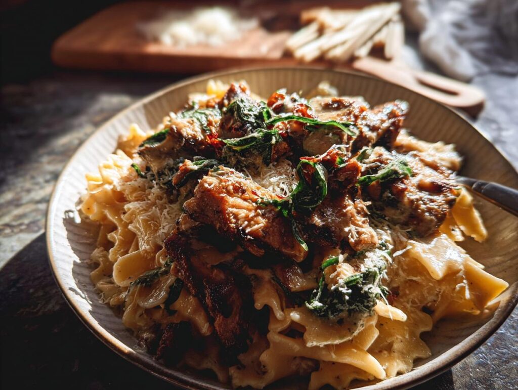 Close-up of a bowl of pasta with meat and greens, sprinkled with cheese. Part of The Only Rice Bowls Recipes Recipe You’ll Need (2025).