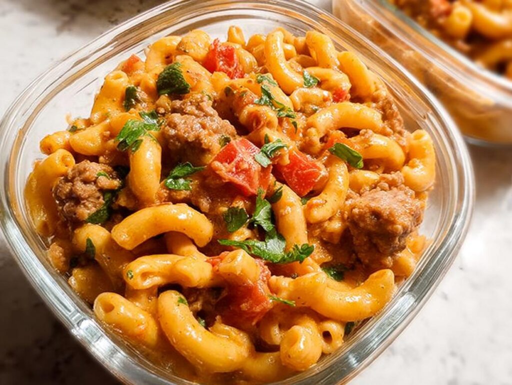 Close-up of a glass container filled with delicious pasta meal prep, featuring elbow macaroni, ground meat, and tomatoes in a creamy sauce, garnished with parsley.