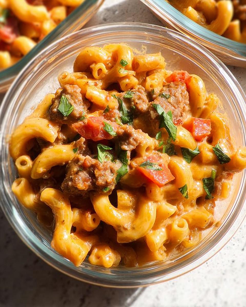 Close-up of a glass container filled with creamy pasta, ground meat, diced tomatoes, and parsley, perfect for pasta recipes meal prep.