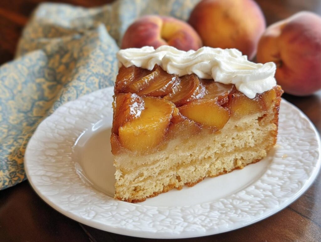 A slice of peach upside down cake topped with whipped cream, part of The Ultimate Cake Ideas Recipes Guide for Beginners.