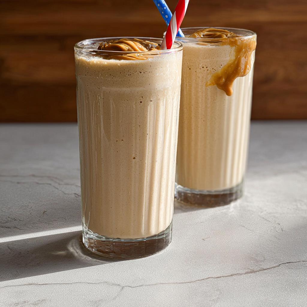 Two tall glasses filled with creamy peanut butter smoothies, topped with a swirl of peanut butter and colorful straws. Part of The Ultimate Breakfast Ideas Recipes Guide for Beginners.