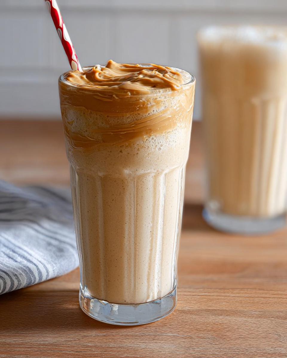 A creamy peanut butter smoothie topped with swirls of peanut butter, perfect for breakfast ideas.