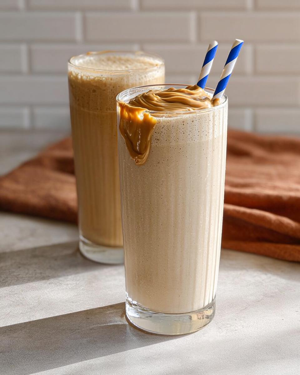 Two tall glasses of creamy peanut butter smoothies, one topped with a swirl of peanut butter and striped straws. Part of The Ultimate Breakfast Ideas Recipes Guide for Beginners.