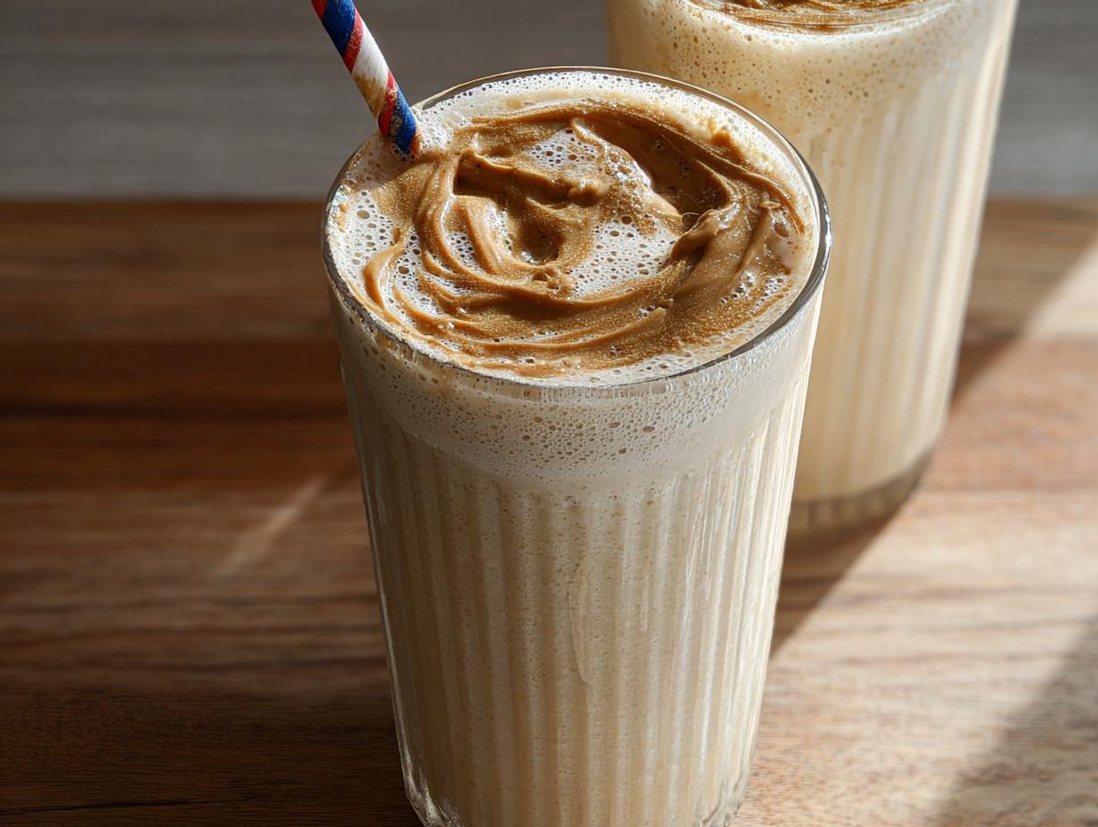 Close-up of a creamy peanut butter smoothie in a glass, topped with a swirl of peanut butter and a striped straw. Part of breakfast ideas.