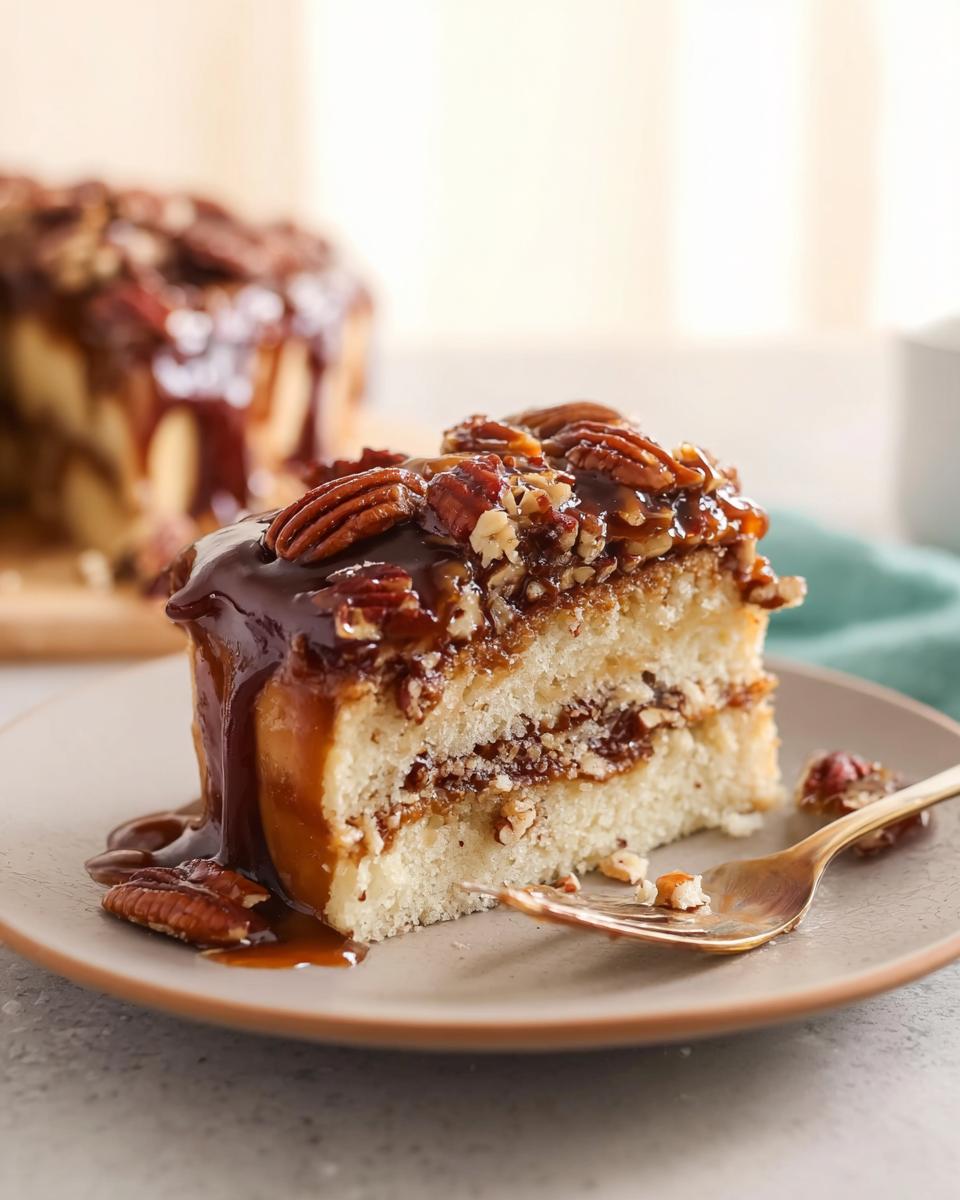 A slice of pecan caramel cake with rich caramel sauce and whole pecans on top.