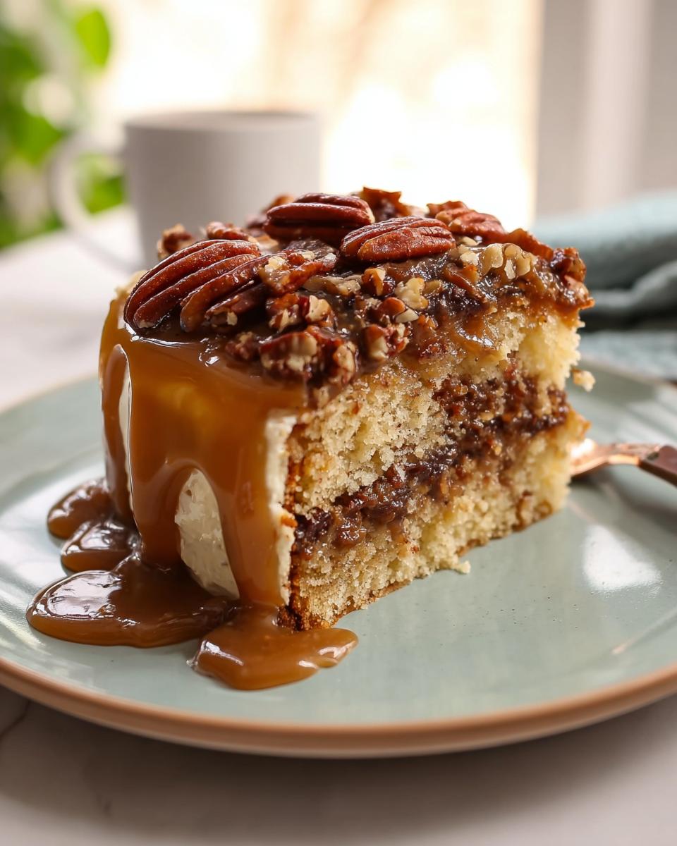 A slice of moist pecan caramel cake, generously drizzled with caramel sauce and topped with whole pecans.
