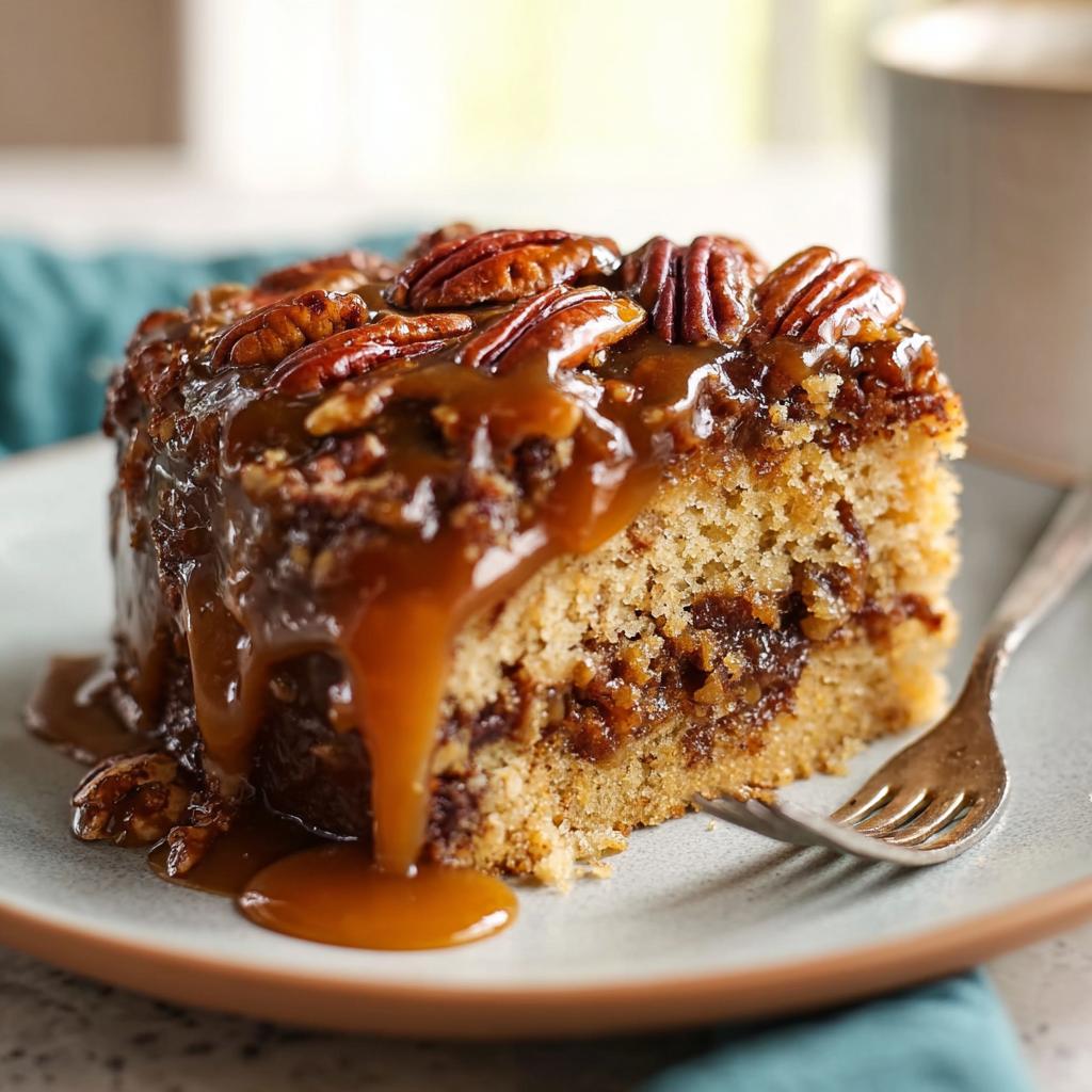 A slice of pecan caramel cake, drizzled with caramel sauce and topped with pecans, part of 15 Genius Cake Ideas Recipes.