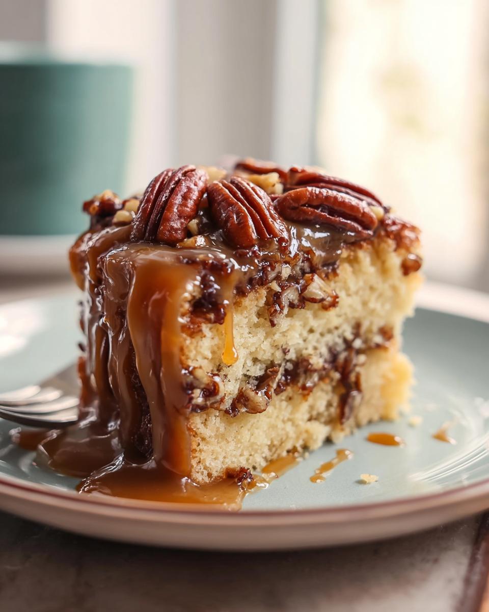 A slice of moist cake layered with chopped pecans and generously drizzled with rich caramel sauce, topped with whole pecans.
