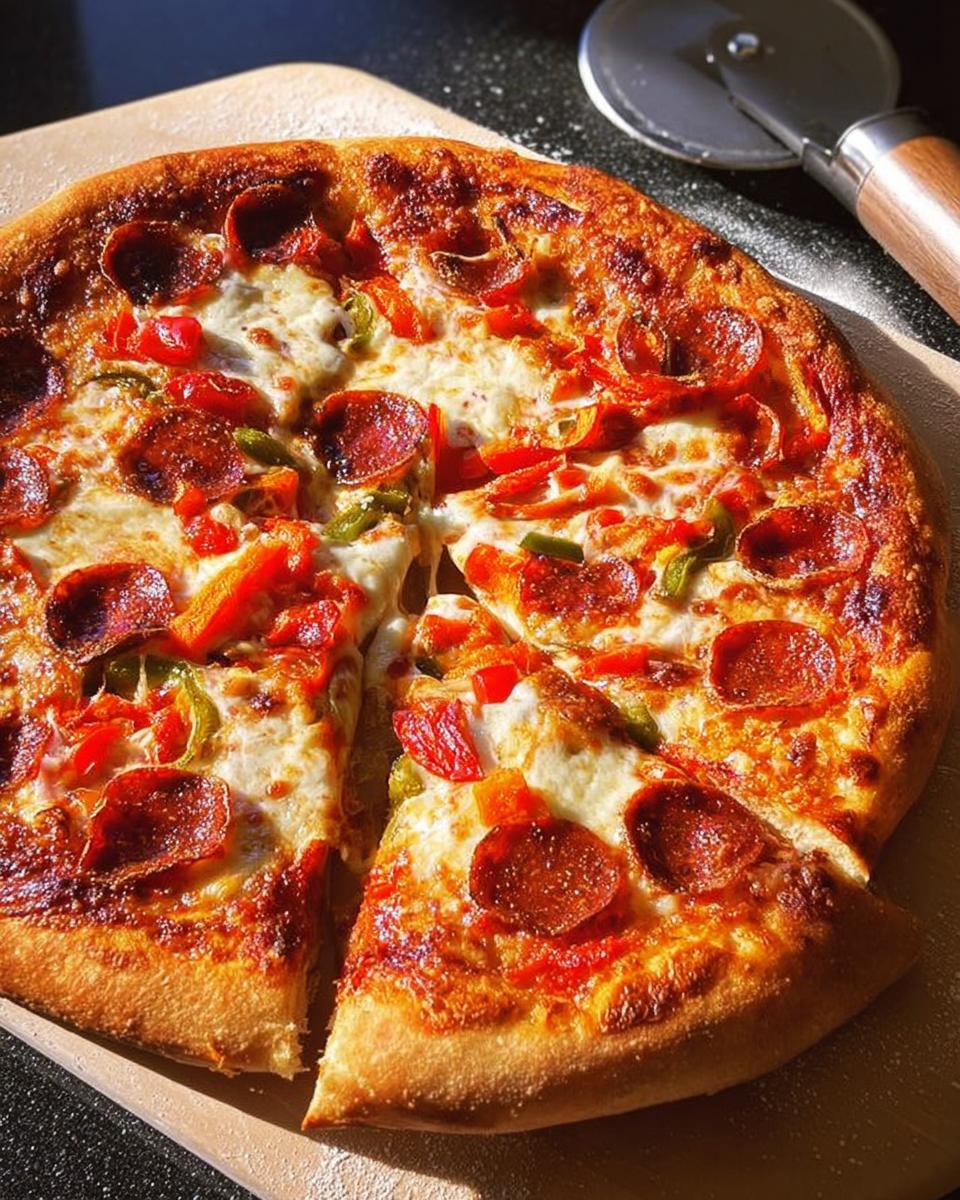 A delicious pepperoni pizza with melted cheese and bell peppers, perfect for busy weeknights.