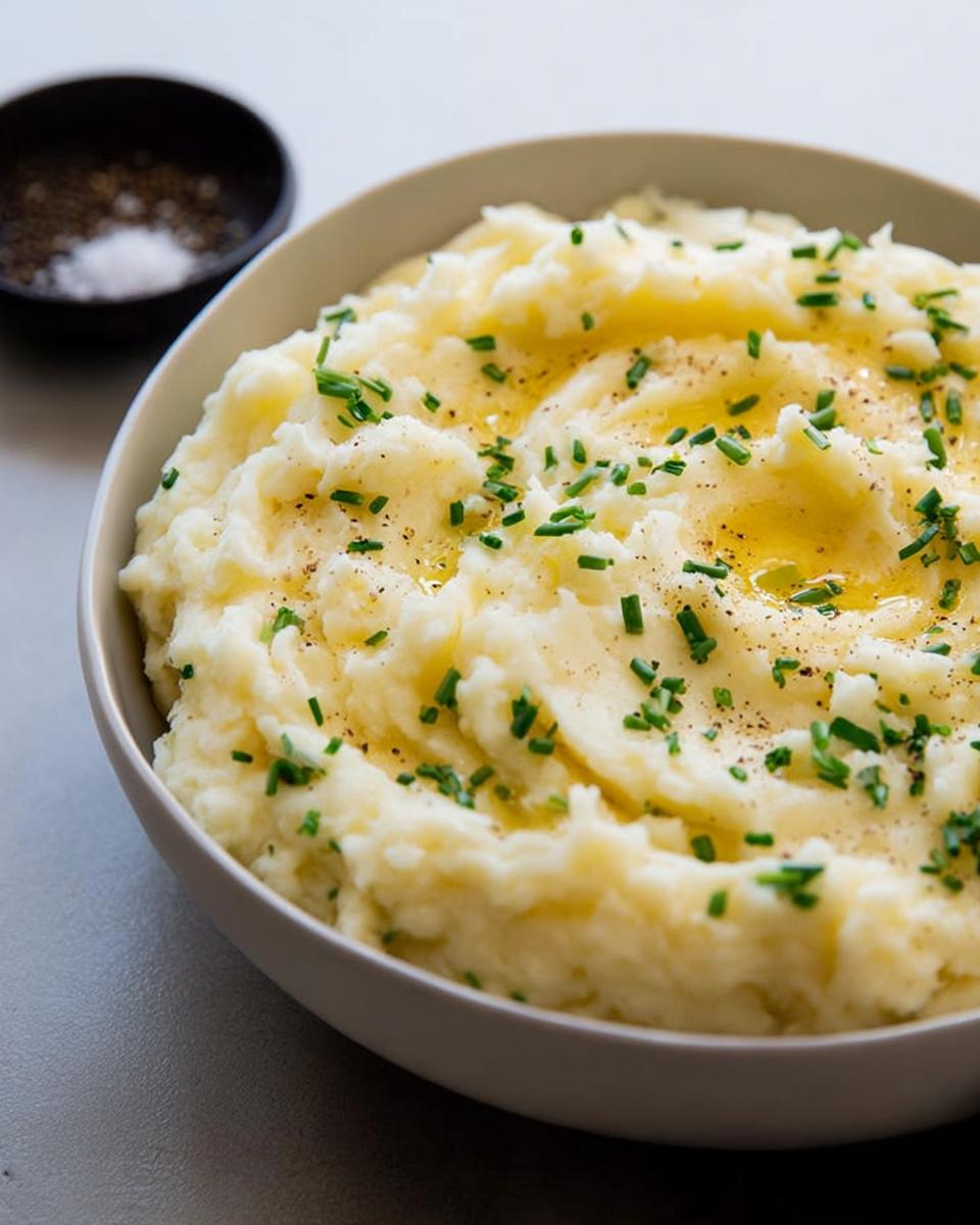 Close-up of fluffy mashed potatoes topped with melted butter, chives, and cracked black pepper.