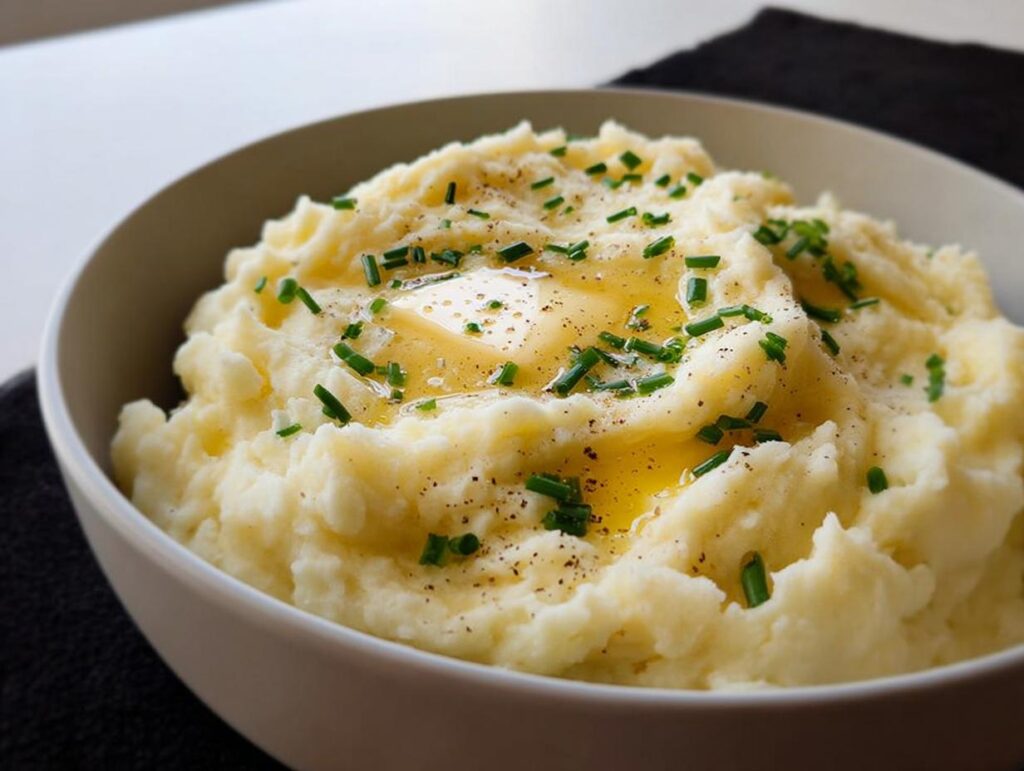 A close-up of fluffy mashed potatoes topped with melted butter, chives, and black pepper in a white bowl.