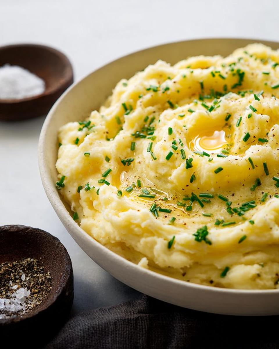 A bowl of fluffy mashed potatoes topped with melted butter, fresh chives, and cracked black pepper.