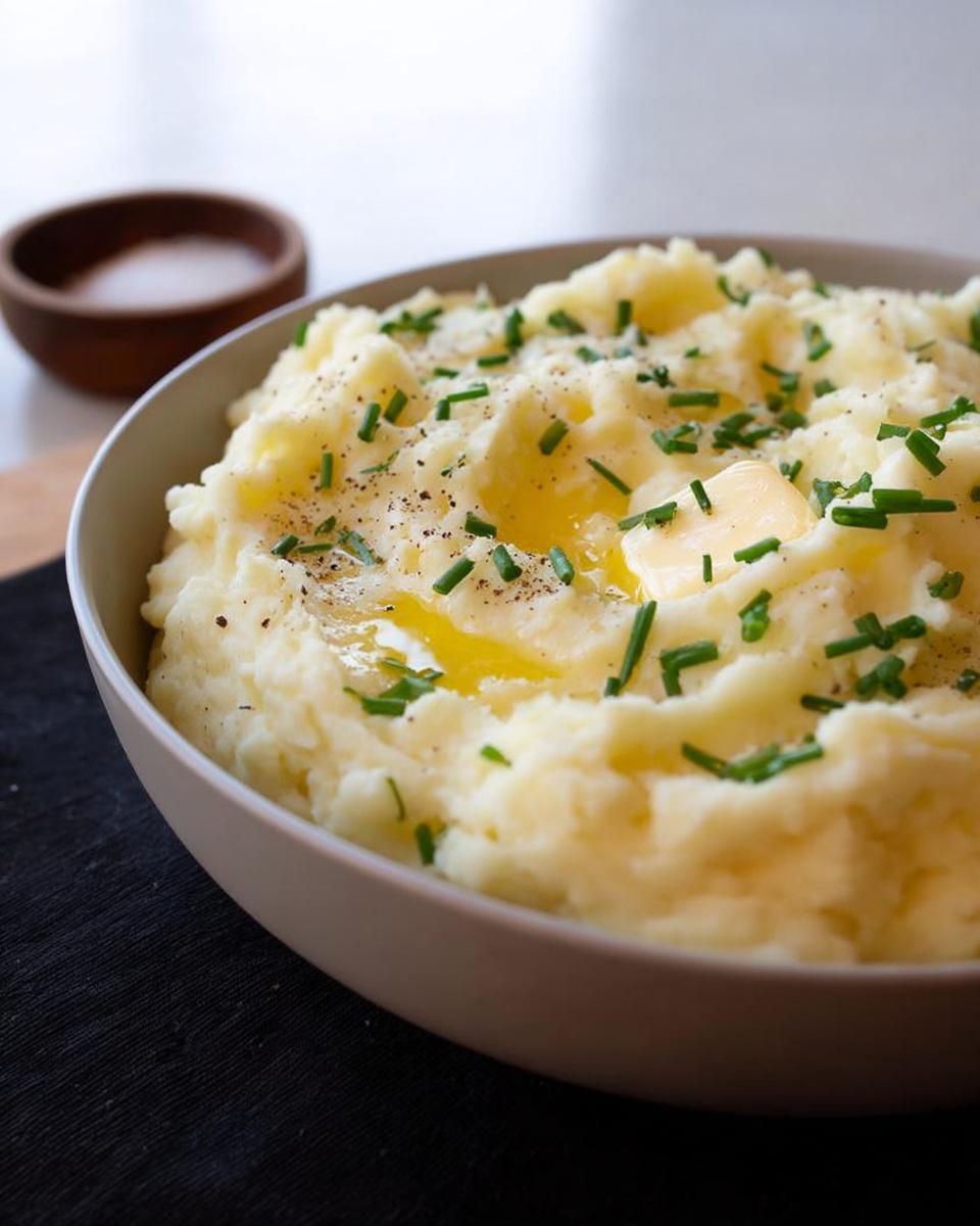 A close-up of a bowl of fluffy mashed potatoes topped with melting butter, chives, and black pepper.