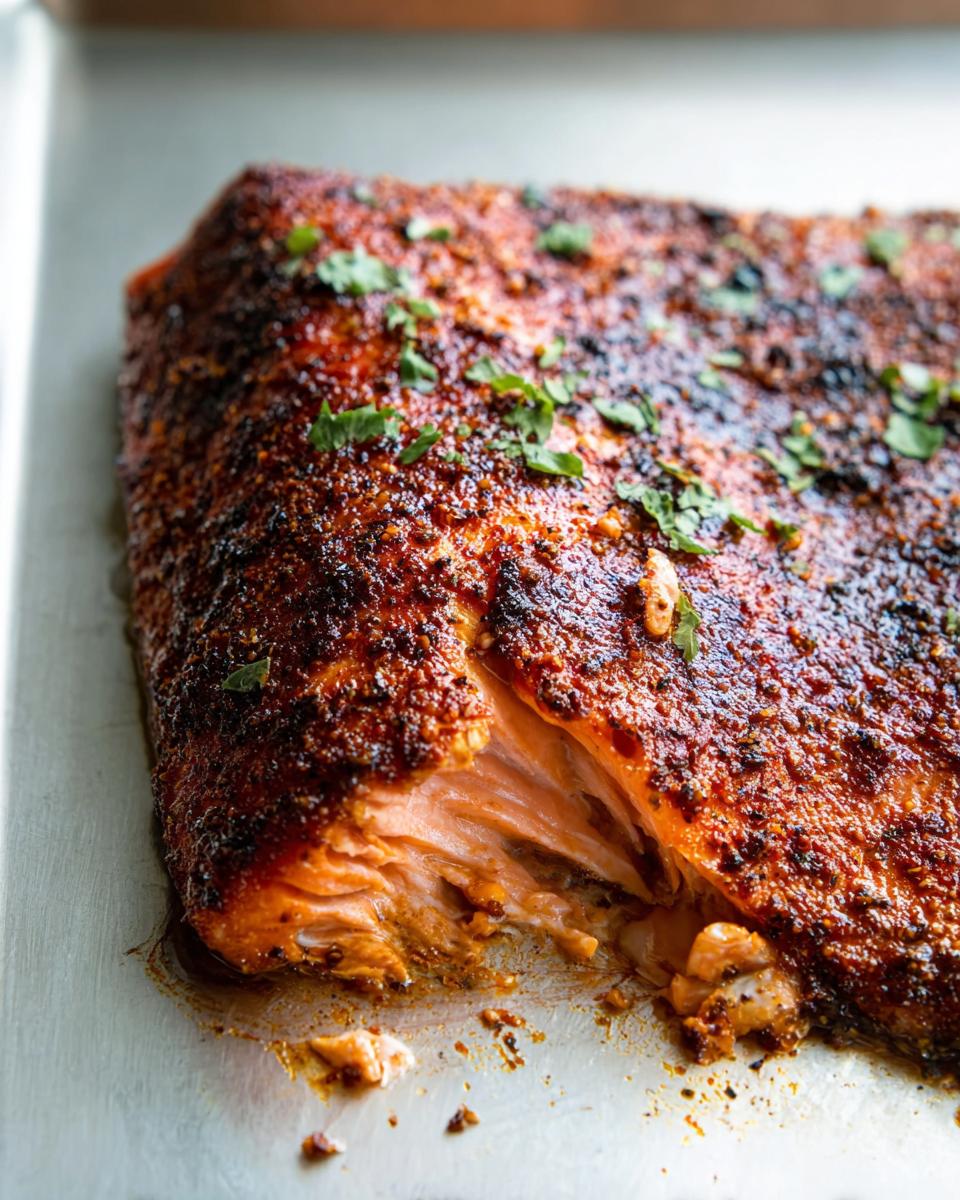 Close-up of a perfectly cooked salmon fillet with a seasoned crust, ready for a salmon recipe.