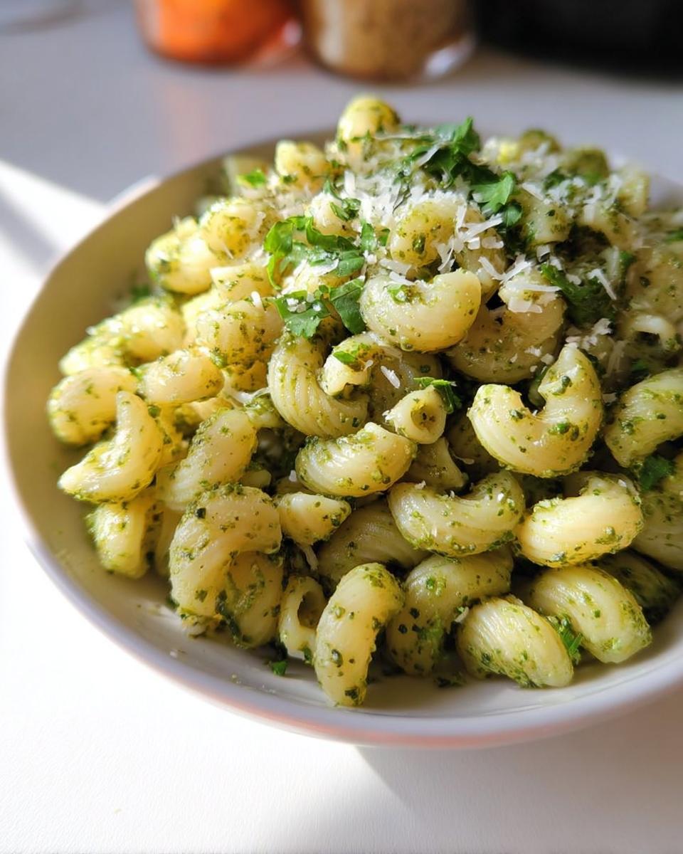 Close-up of a bowl of pasta with pesto sauce, garnished with grated cheese and fresh herbs. A quick pasta recipe.