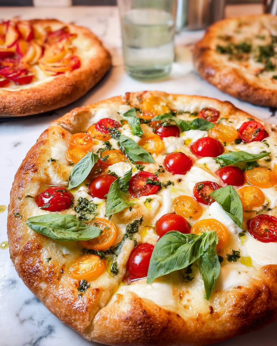 A close-up of a delicious pizza topped with fresh cherry tomatoes, mozzarella, basil, and pesto, perfect for pizza night.