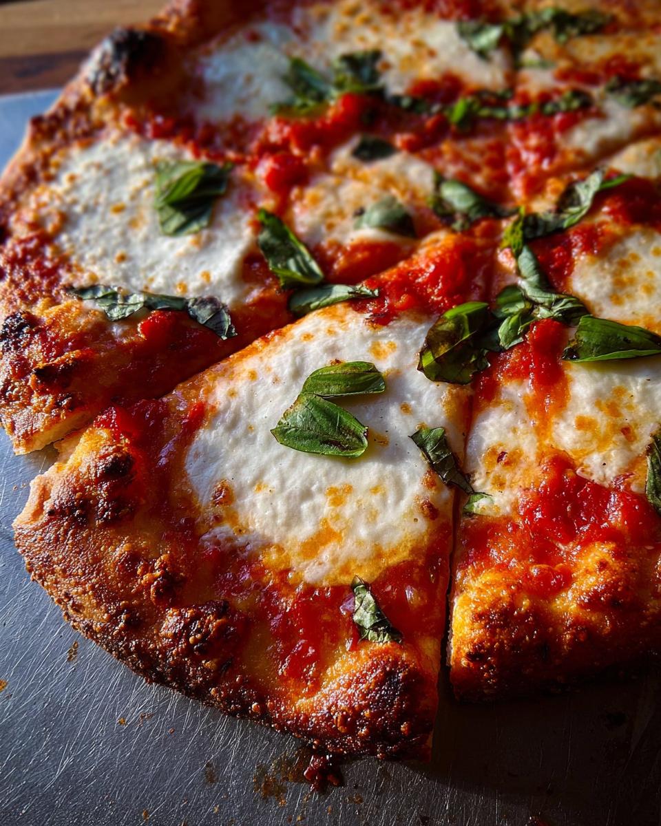 Close-up of a freshly baked Margherita pizza, showcasing melted mozzarella, vibrant tomato sauce, and fresh basil leaves.