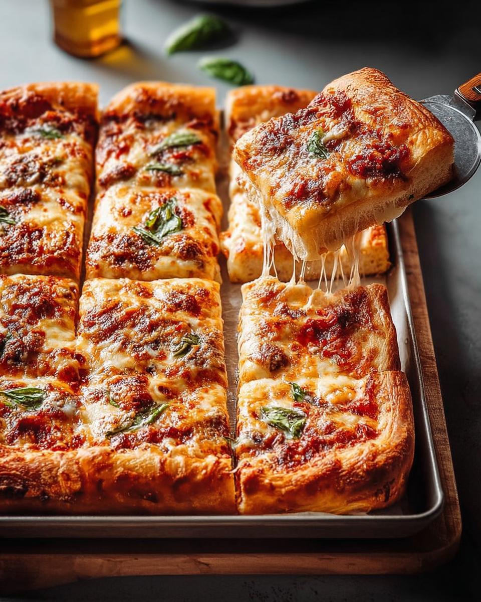 A slice of cheesy pizza is lifted from a pan, showcasing melted cheese strings, perfect for quick Pizza Night Recipes.