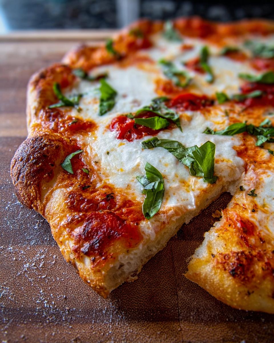 Close-up of a slice of homemade pizza, featuring melted mozzarella, tomato sauce, and fresh basil leaves, perfect for pizza night.