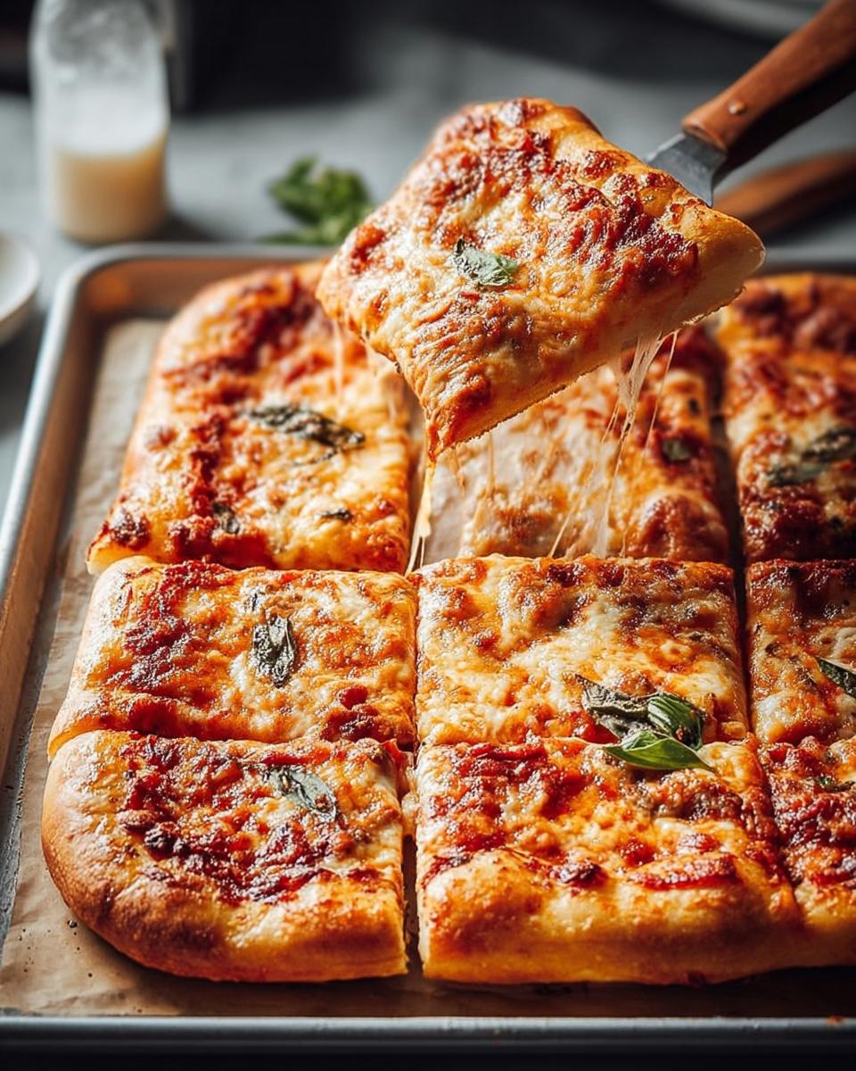 A slice of cheesy pizza is lifted from a baking sheet, showcasing melted cheese strings. Perfect for quick Pizza Night Recipes.