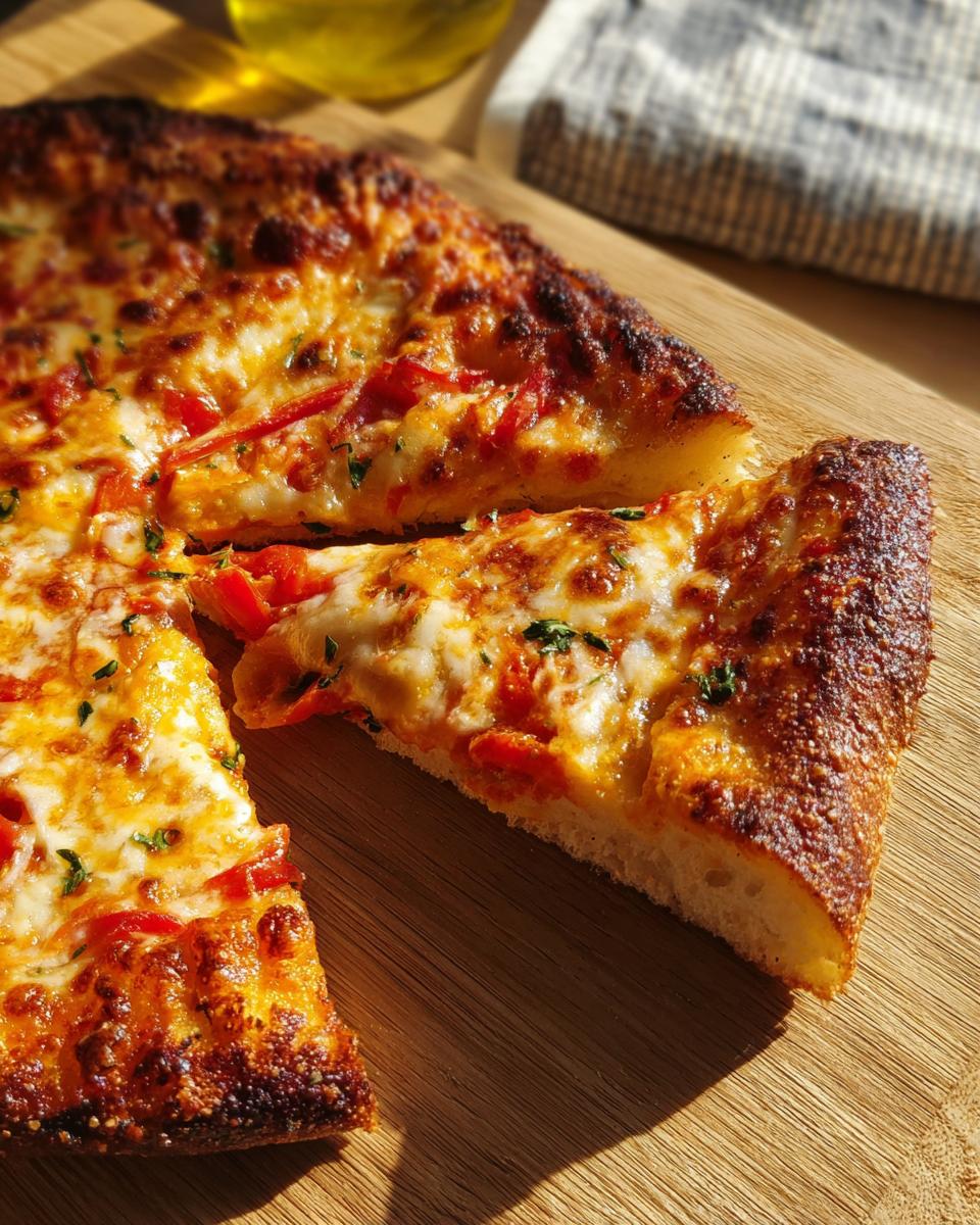 A slice of cheesy pizza with red peppers and herbs, perfect for pizza night recipes.