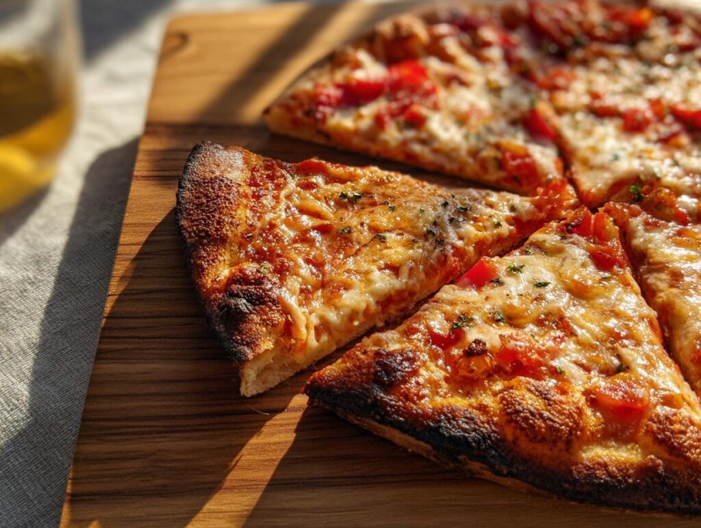 Close-up of a freshly baked pizza with melted cheese and tomato slices, perfect for Pizza Night Recipes.