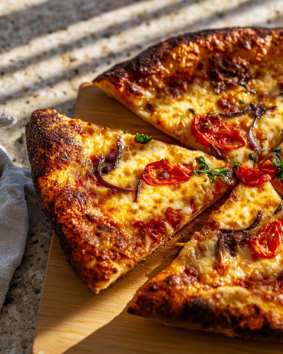 Close-up of a slice of homemade pizza with melted cheese, cherry tomatoes, and red onion.