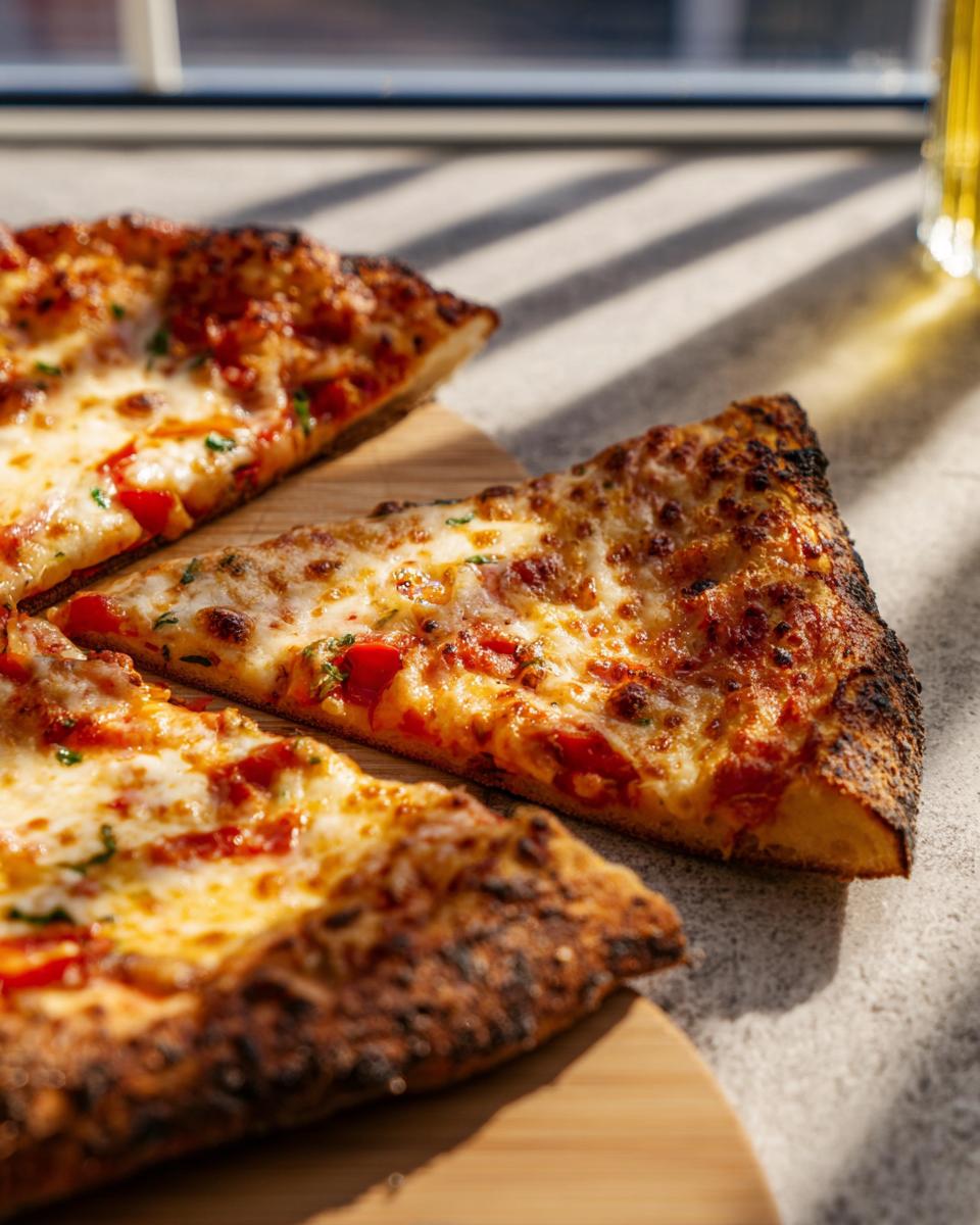 Close-up of two slices of cheesy pizza with a golden crust, perfect for pizza night recipes.