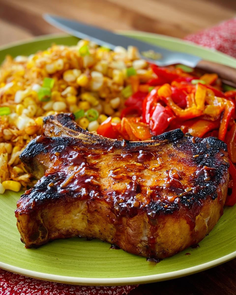 A perfectly cooked pork chop recipe with a glossy glaze, served with corn and peppers.