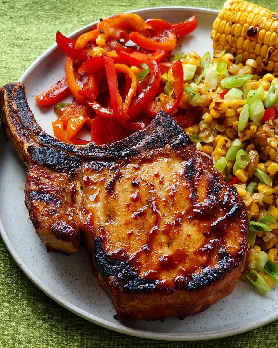 A perfectly grilled pork chop recipe served with a side of grilled corn and sliced bell peppers.