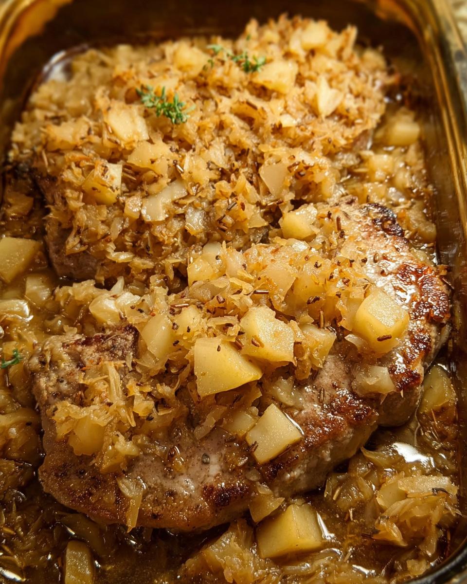 Close-up of tender pork chops baked with apples and onions, a delicious 10-minute recipe.