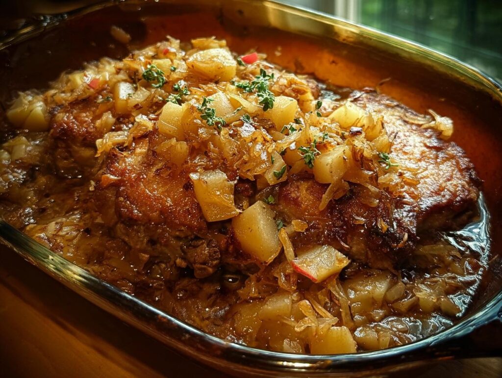 Close-up of tender pork chops baked with apples and onions, topped with fresh thyme.