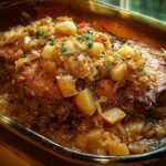Close-up of tender pork chops baked with apples and onions, topped with fresh thyme.