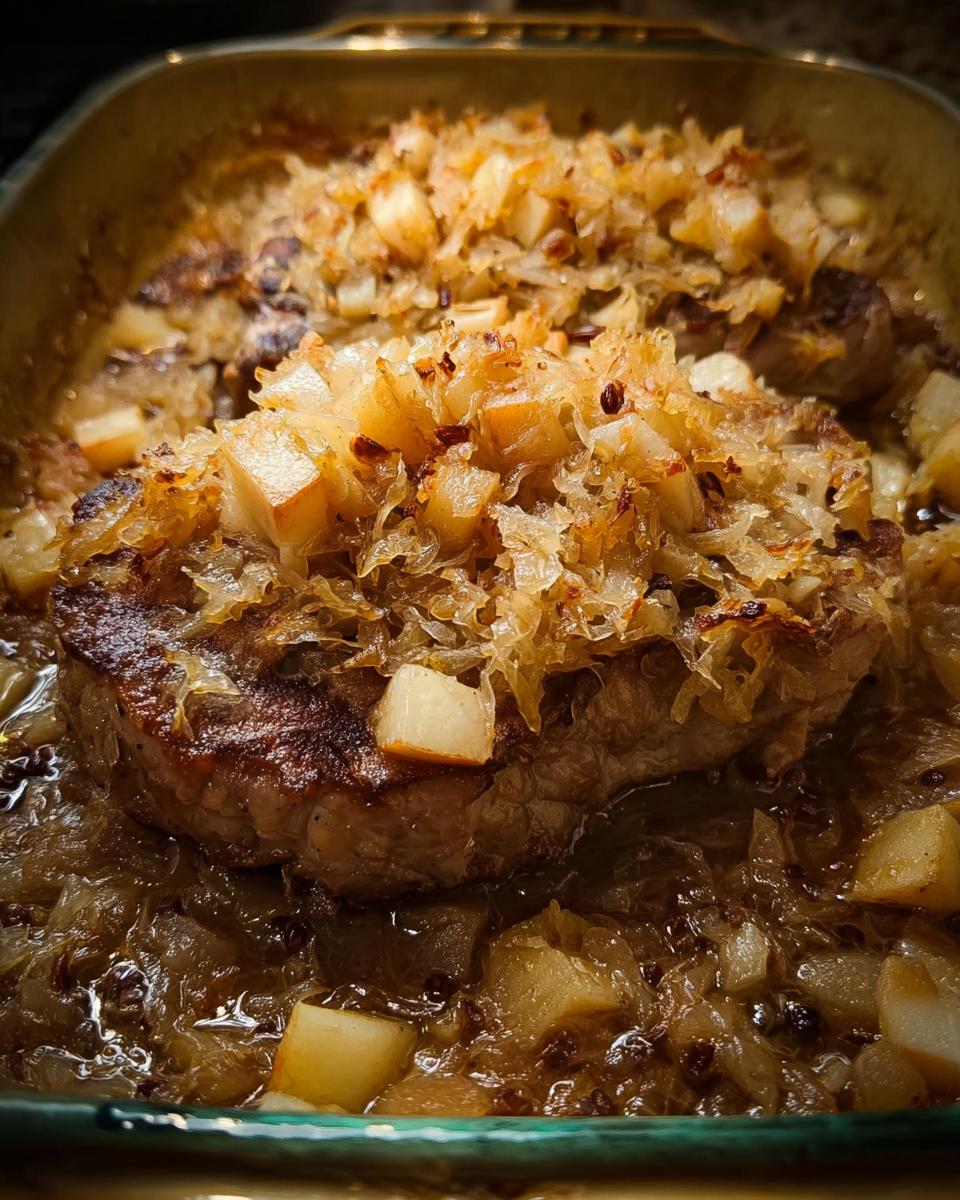 Close-up of tender pork chops baked with caramelized apples and onions, a perfect weeknight meal.
