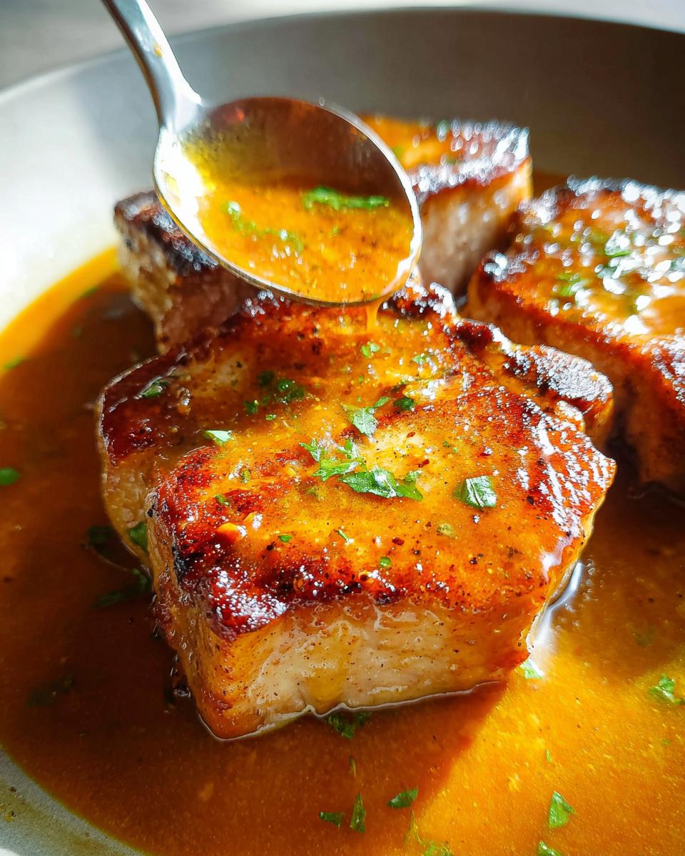 A spoon basting juicy pork chops with a rich, savory sauce, garnished with fresh herbs.