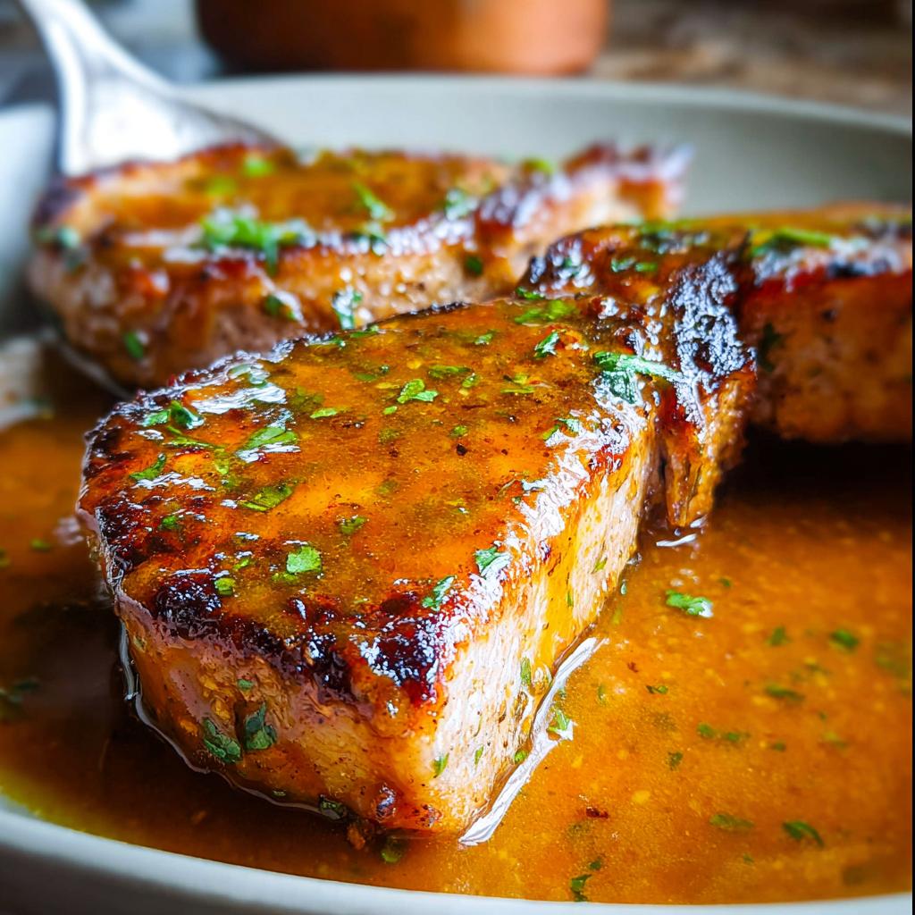 Close-up of three perfectly cooked pork chops smothered in a rich, glossy sauce and garnished with fresh herbs.