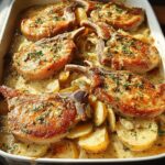 A baking dish filled with creamy baked pork chops and sliced potatoes, garnished with fresh herbs.
