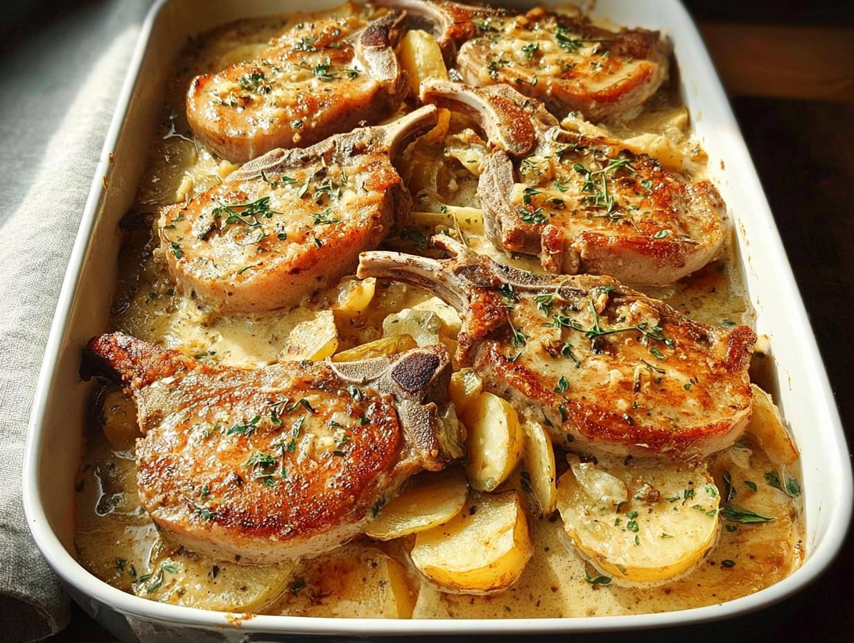 A baking dish filled with creamy baked pork chops and sliced potatoes, garnished with fresh herbs.