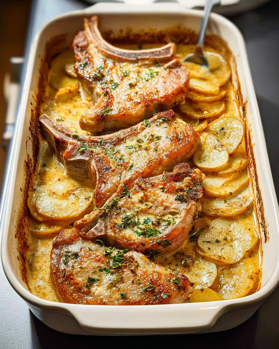 Four juicy pork chops baked in a creamy sauce with sliced potatoes, garnished with fresh herbs.