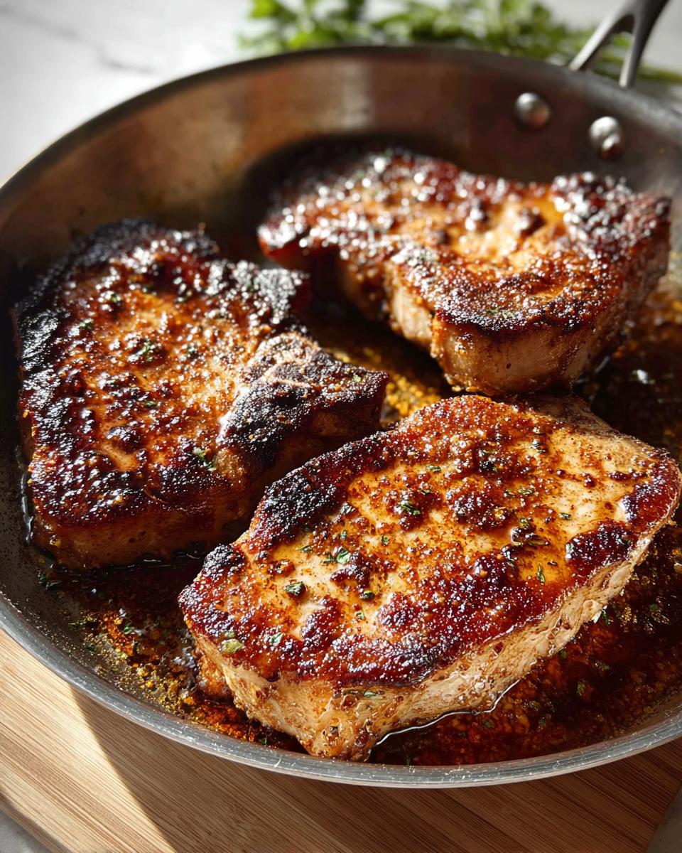 Three juicy, pan-seared pork chops with a golden-brown crust, seasoned with herbs, in a skillet.