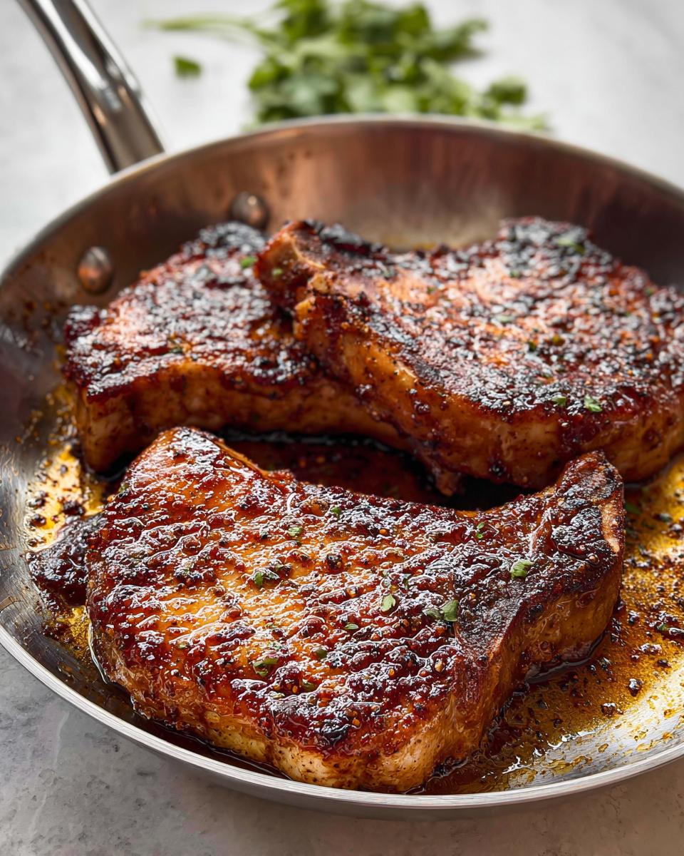 Three juicy pork chops cooked in a skillet, glistening with a savory glaze and sprinkled with herbs.