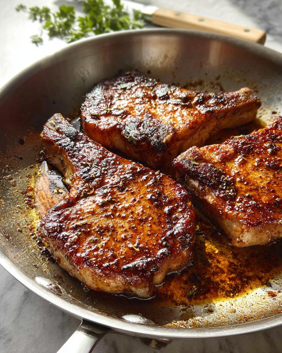 Three juicy pork chops are pan-seared in a skillet with a rich glaze, perfect for pork chops recipes meal prep.