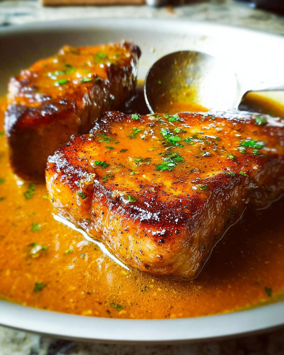 Close-up of two perfectly seared pork chops in a rich, glossy sauce, garnished with fresh parsley.
