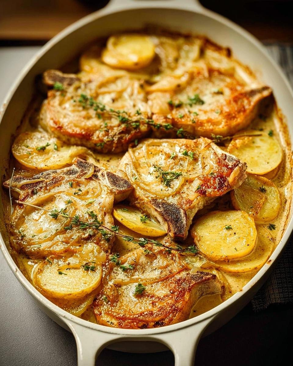 Close-up of baked pork chops with sliced potatoes in a creamy sauce, garnished with thyme.