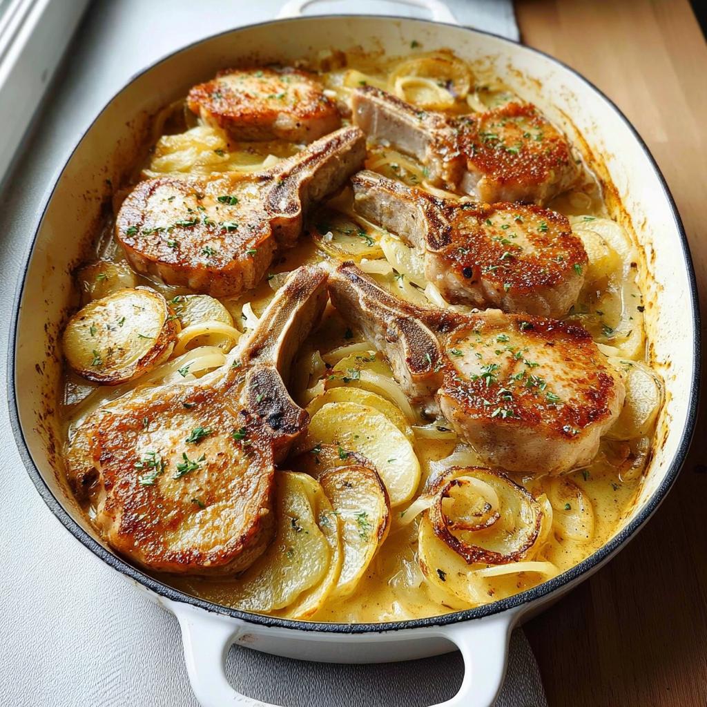 A comforting casserole dish filled with tender pork chops nestled amongst creamy sliced potatoes and onions, garnished with herbs.