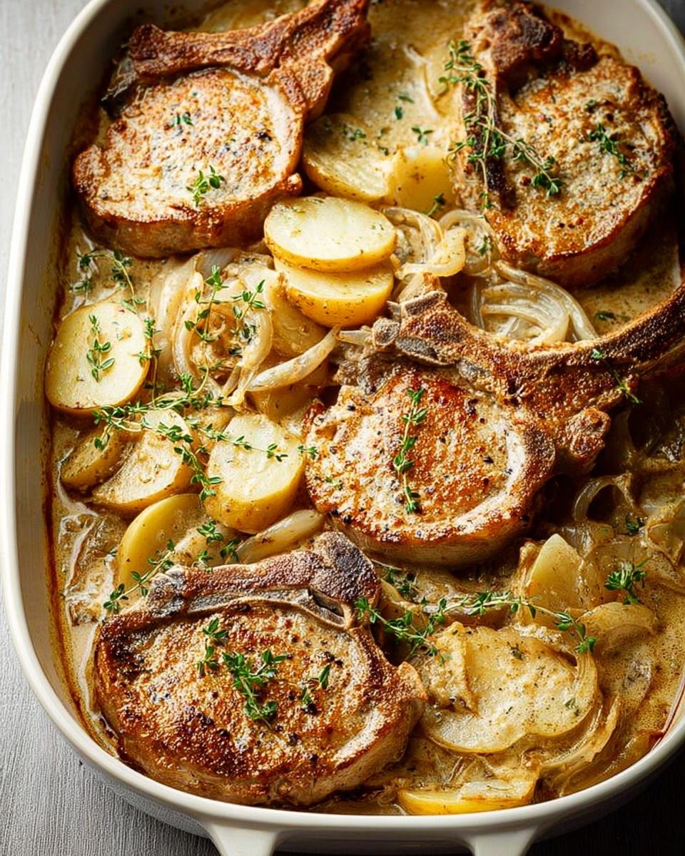 A close-up of a baking dish filled with tender pork chops, sliced potatoes, and onions in a creamy sauce, garnished with fresh thyme.
